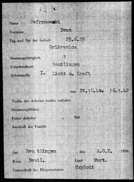 Municipal questionnaire, Reutlingen, Kreis Reutlingen, Land Württemberg — dated to 1950 with the annotation A.O.K.