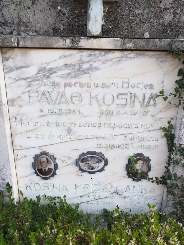 The Kosina grave at Senj, naming Pavao Kosina as a victim of the air raid