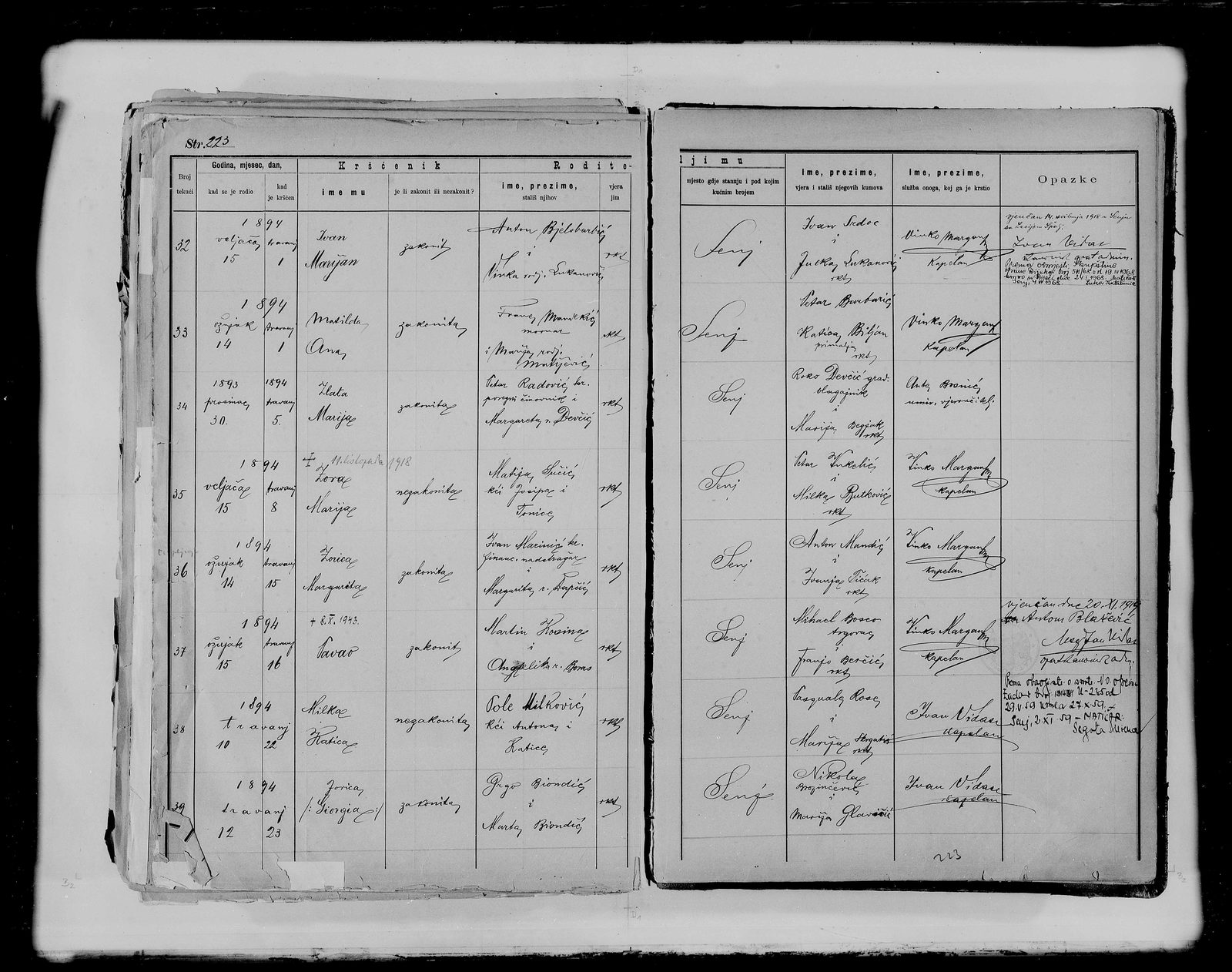 Senj baptismal register, page 223, entry 37 — Pavao Kosina, 1894
