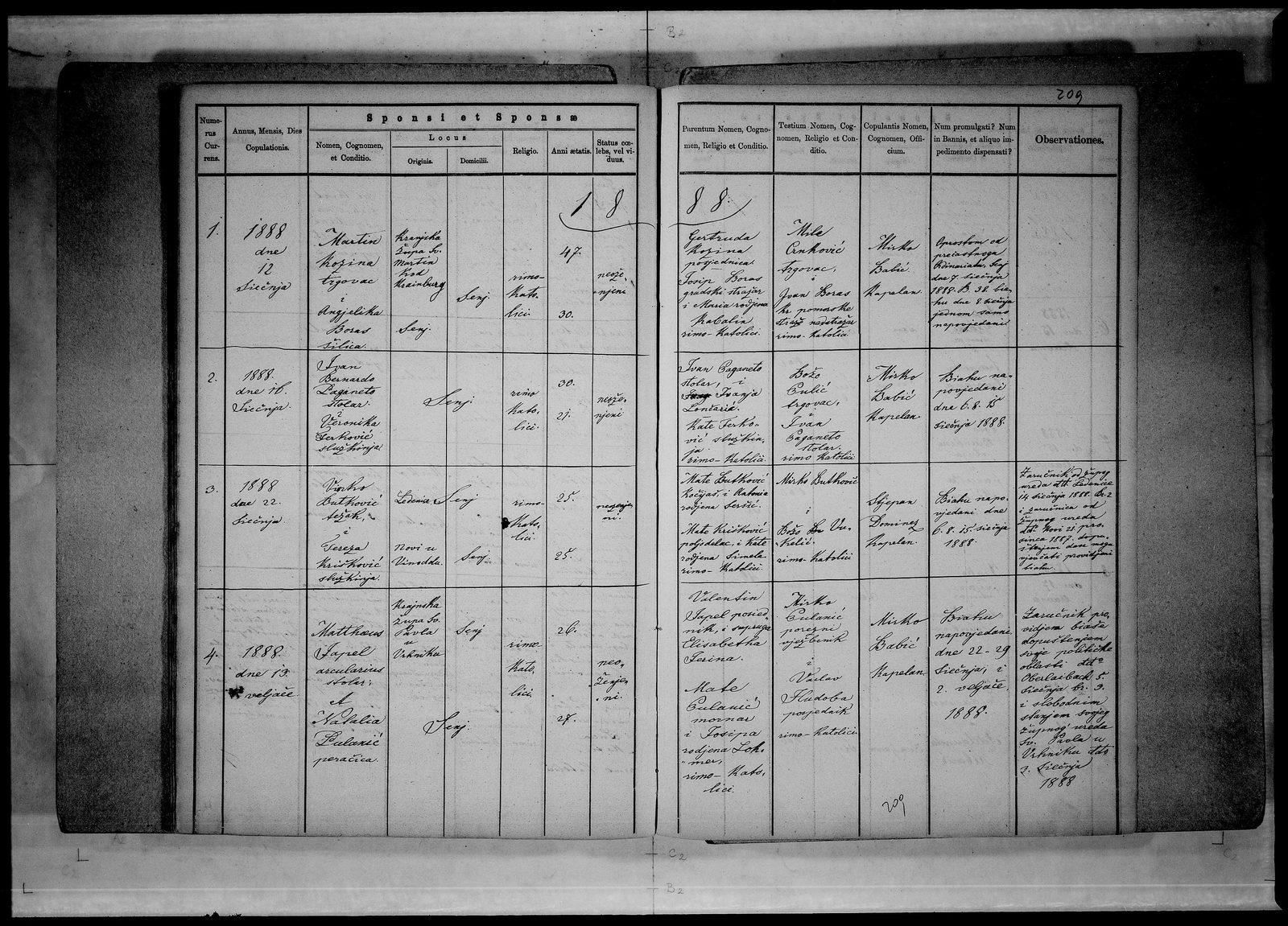 Senj marriage register, 12 January 1888, Martin Kozina and Angjelika Boras