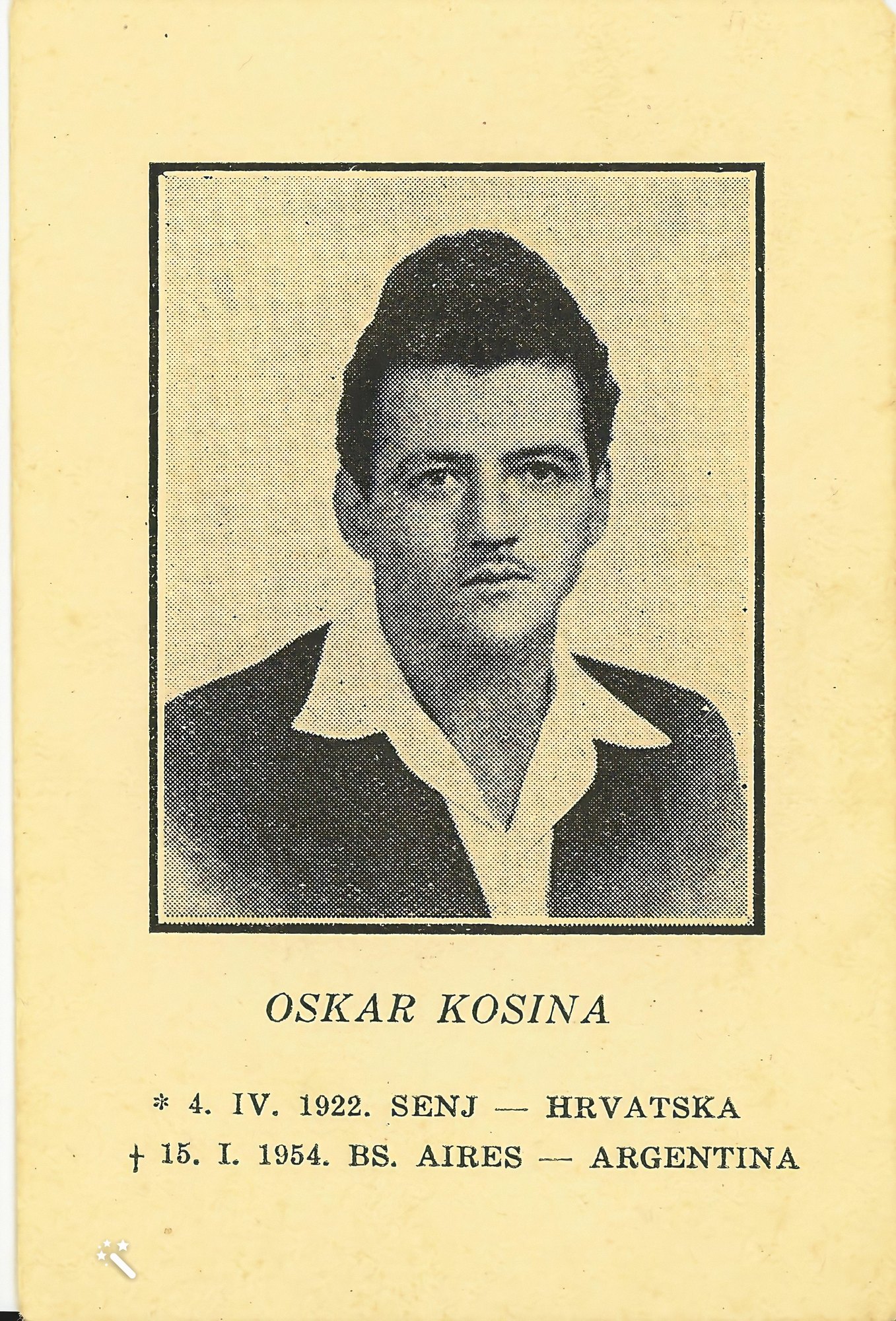 Printed memorial card for Oskar Kosina, 1922-1954