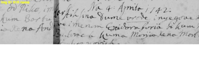 Karlobag, mid-1742 — a son of Dume Uroda and his wife, the name read as «… Juria» (possibly Jurja/Georgius; not secure). The register page as read: image 91, right-hand page (book page 161, «Na … Maja 1742» at its head): the last entry on the page, «Na 4 [month, read Ajmilo/Aprila?] 1742»; the month word is unclear, and it follows the entries of 3 and 4 June 1742, so it is probably a later 4th (July?).