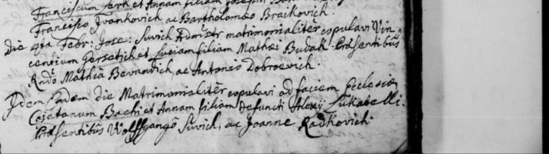 Karlobag, 4 February 1753 — Caetanus Bachi marries Anna, daughter of the late Alexius Lukatelli. The register page as read: image 287, right-hand page: «Anno Domini 1752», then «Anno Domini 1753»; the entry is the last on the page, «Idem eadem die» after the 4 February entry.
