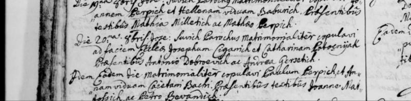 Karlobag, 20 October 1760 — Paulus Perpich marries Anna, widow of Caetanus Bachi. The register page as read: image 293, left-hand page, headed «Anno Domini 1760»; the entry is the second of 20 October, the one beginning «Idem eadem die».