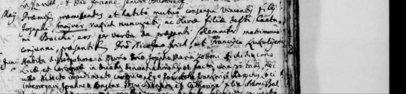Karlobag, 2 May 1774 — Vincentius Smojver «Vukich» and Oliva, daughter of the late Caetanus Bacchi. The register page as read: image 306, right-hand page: headed 1773, then «Anno Dni 1774»; the entry is the one with «Maij» in the left margin, the second under the 1774 heading.