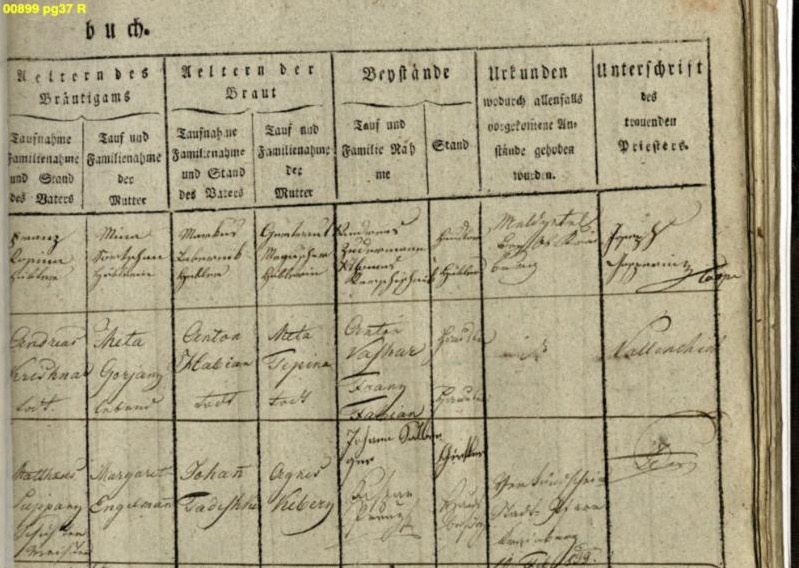 Kranj–Šmartin, 6 January 1833 — Johann Kosinar, Häusler of Oberfeichting 9, and Luzia Labornik. The register page as read: viewer pg=37, a spread (book page 35): the first row of the table, headed 1833; the LEFT page has the groom, the bride and their ages, the RIGHT page the parents of each, the witnesses and the priest.