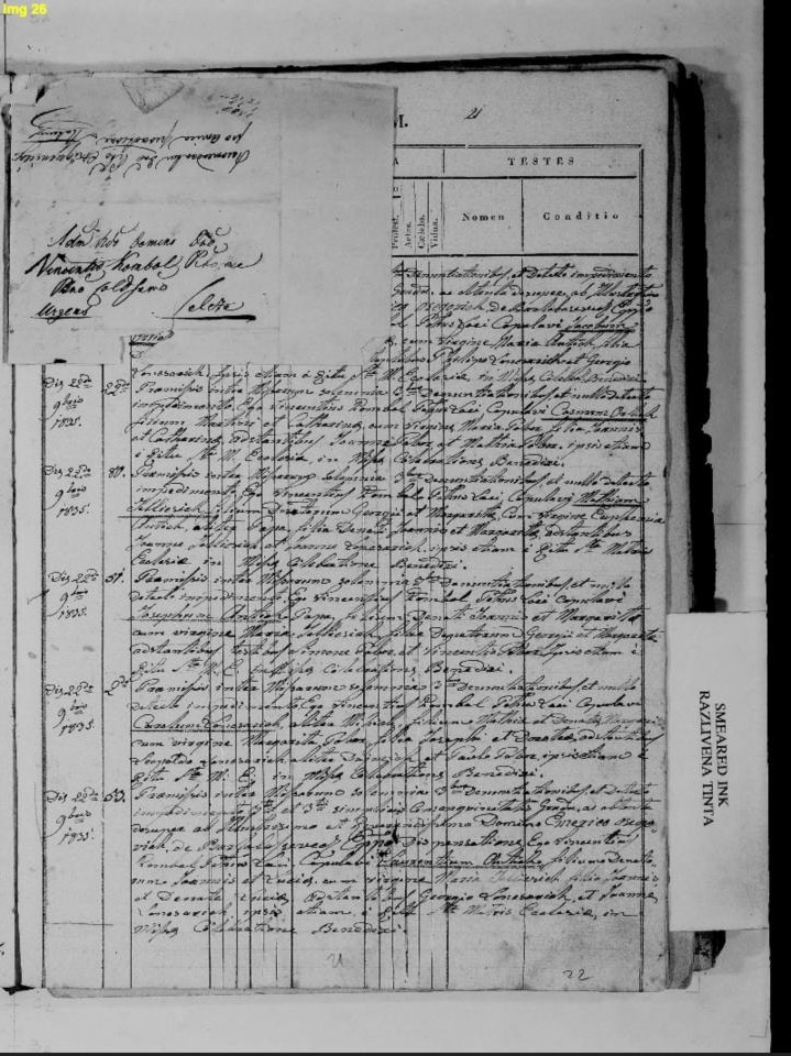 Selce, 22 November 1835 — Josephus Antich «Papa» and Maria Jellichich, house 51 (entry 81). The register page as read: image 26, a two-page spread (kept as two images): the LEFT image is the left-hand page, headed «Annus 1835» and running from 22 July; the RIGHT image is the right-hand page (printed 21–22, with the archivist's tab SMEARED INK / RAZLIVENA TINTA), where entry 81, the second numbered entry below the loose slip, is the 22 November marriage of house 51.