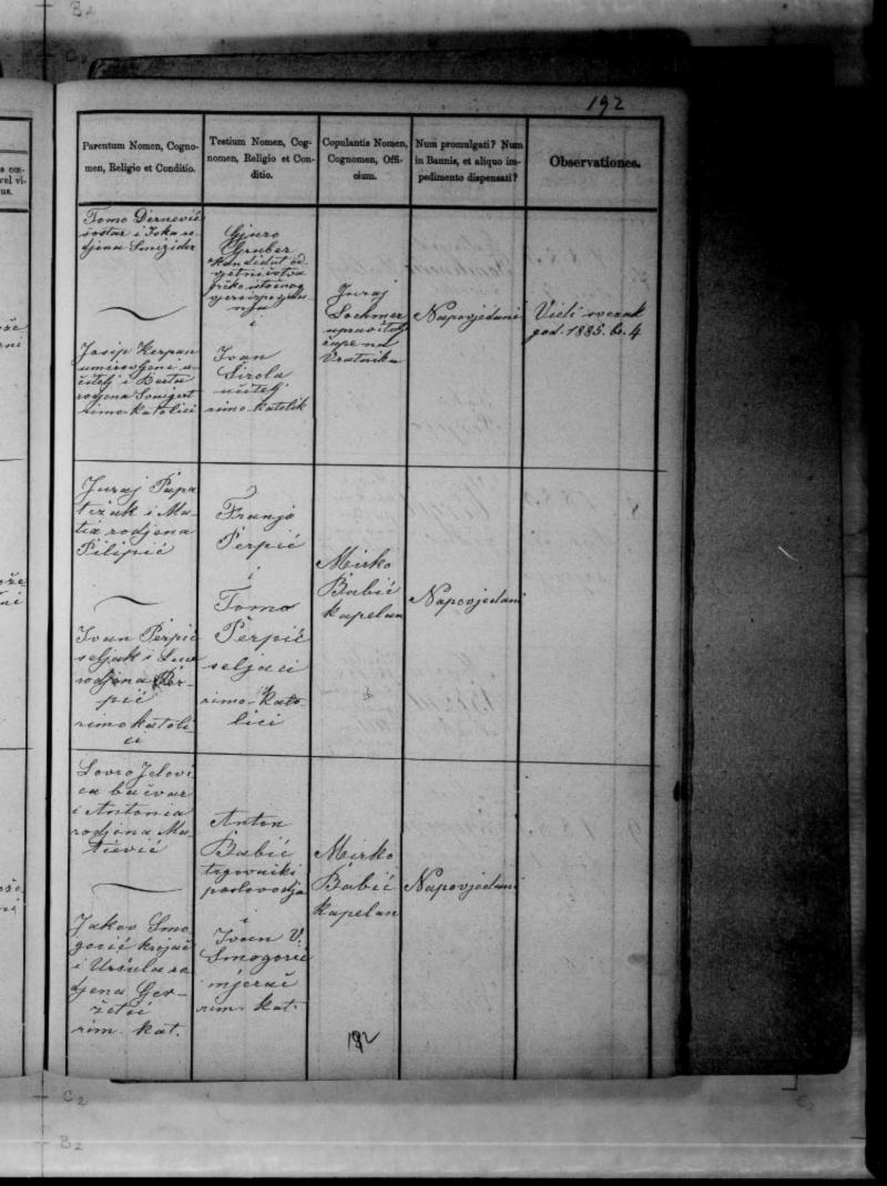 Senj, 3 May 1885 — Josip Papić and Antonia Perpić (parents: Juraj Papa & Matia Pilipić; Ivan Perpić & Luca rođena Perpić). The register page as read: image 196, a two-page spread: the LEFT page (printed 191) has the couple, places and ages, the RIGHT page (printed p. 192) the parents, witnesses and priest; the entry is no. 5, the middle row of both.