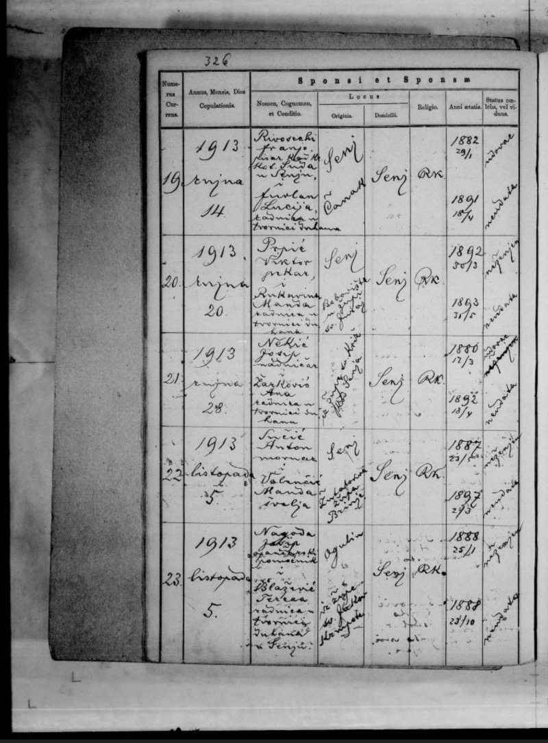 Senj, 5 October 1913 — Josip Nagoda and Tereza Blažević, born 23 October 1888, of Krmpote. The register page as read: image 331, a two-page spread: the LEFT page (printed p. 326) has the couple, origin, domicile and birth dates, the RIGHT page the parents, witnesses and priest; the entry is no. 23, the last row of both.