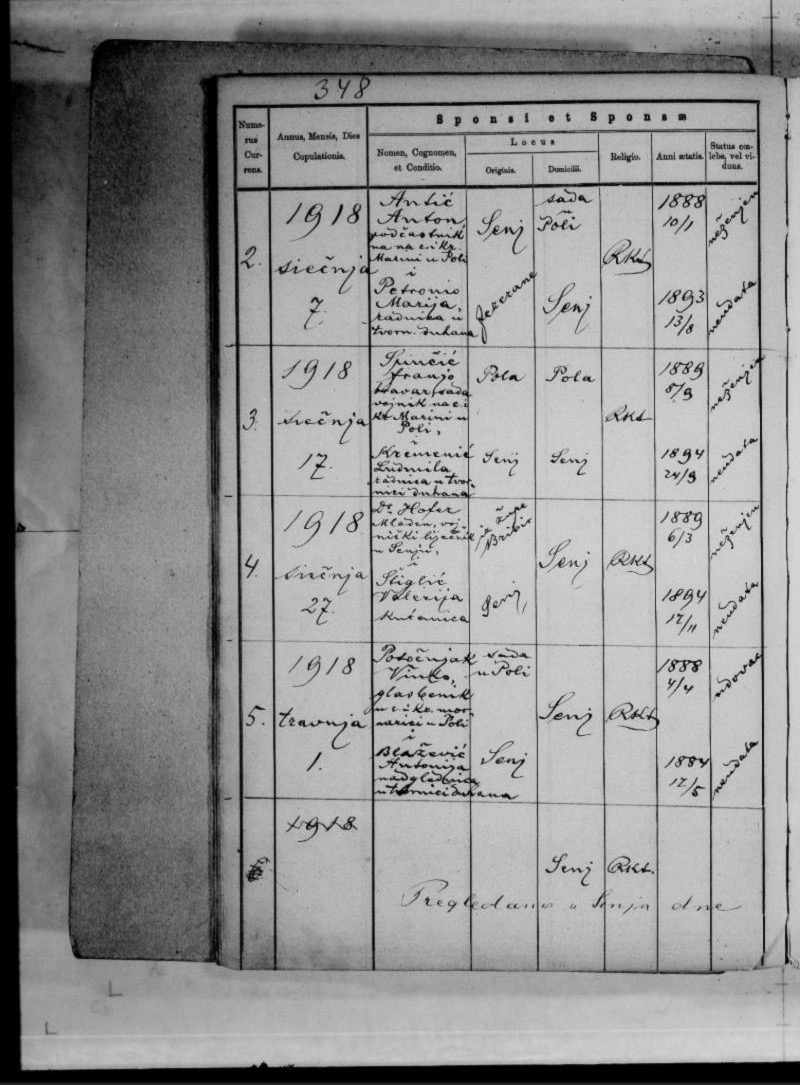 Senj, 1 April 1918 — Vinko Potočnjak and Antonija Blažević, born 12 May 1884. The register page as read: image 353, a two-page spread: the LEFT page (printed p. 348) has the couple, the RIGHT page the parents, witnesses and priest; the entry is no. 5, the bottom row of both.