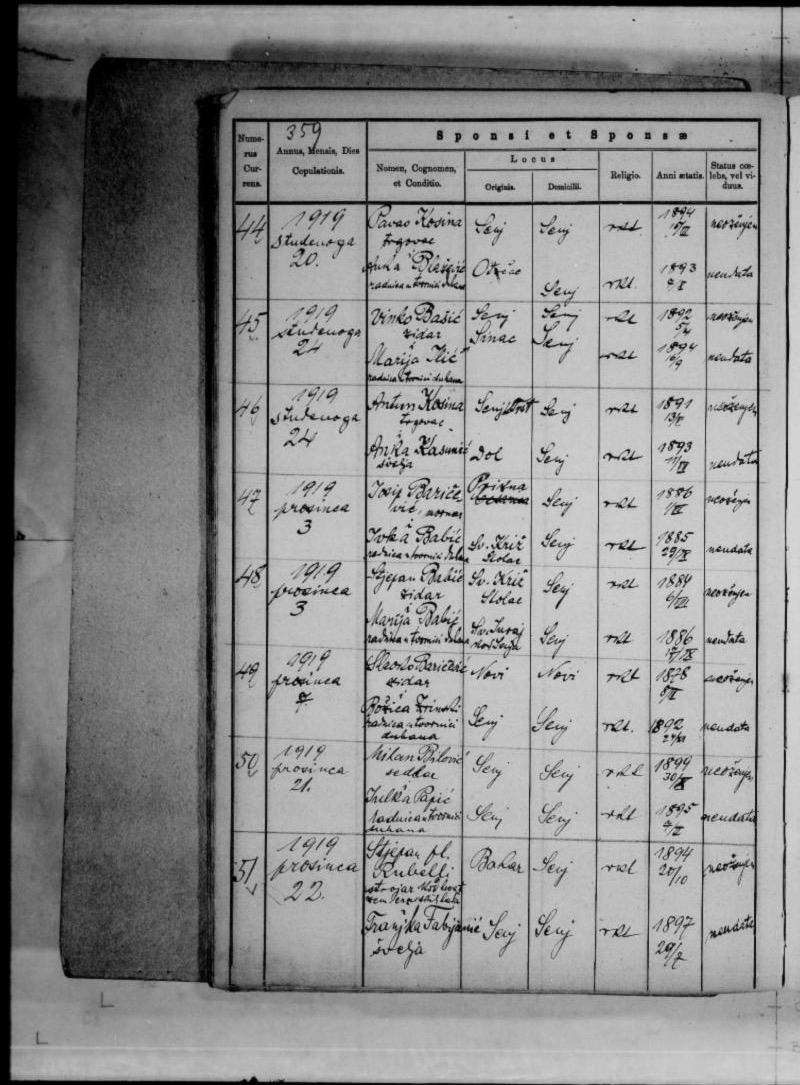 Senj, 20 November 1919 — Pavao Kosina and Anka Blažević (and, on 24 November, Antun Kosina). The register page as read: image 364, a two-page spread: the LEFT page (printed p. 359) has the couples, the RIGHT page the parents, witnesses and priest; the entries are no. 44 (the top row) and no. 46 (the third row).