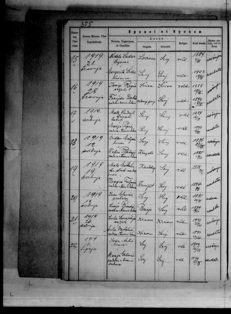 Senj, 12 May 1919 — Viktor Matijević and Katica Blažević, of Krmpote. The register page as read: image 360, a two-page spread: the LEFT page (printed p. 355) has the couple, the RIGHT page the parents, witnesses and priest; the entry is no. 18, the fourth row from the foot of the left page.